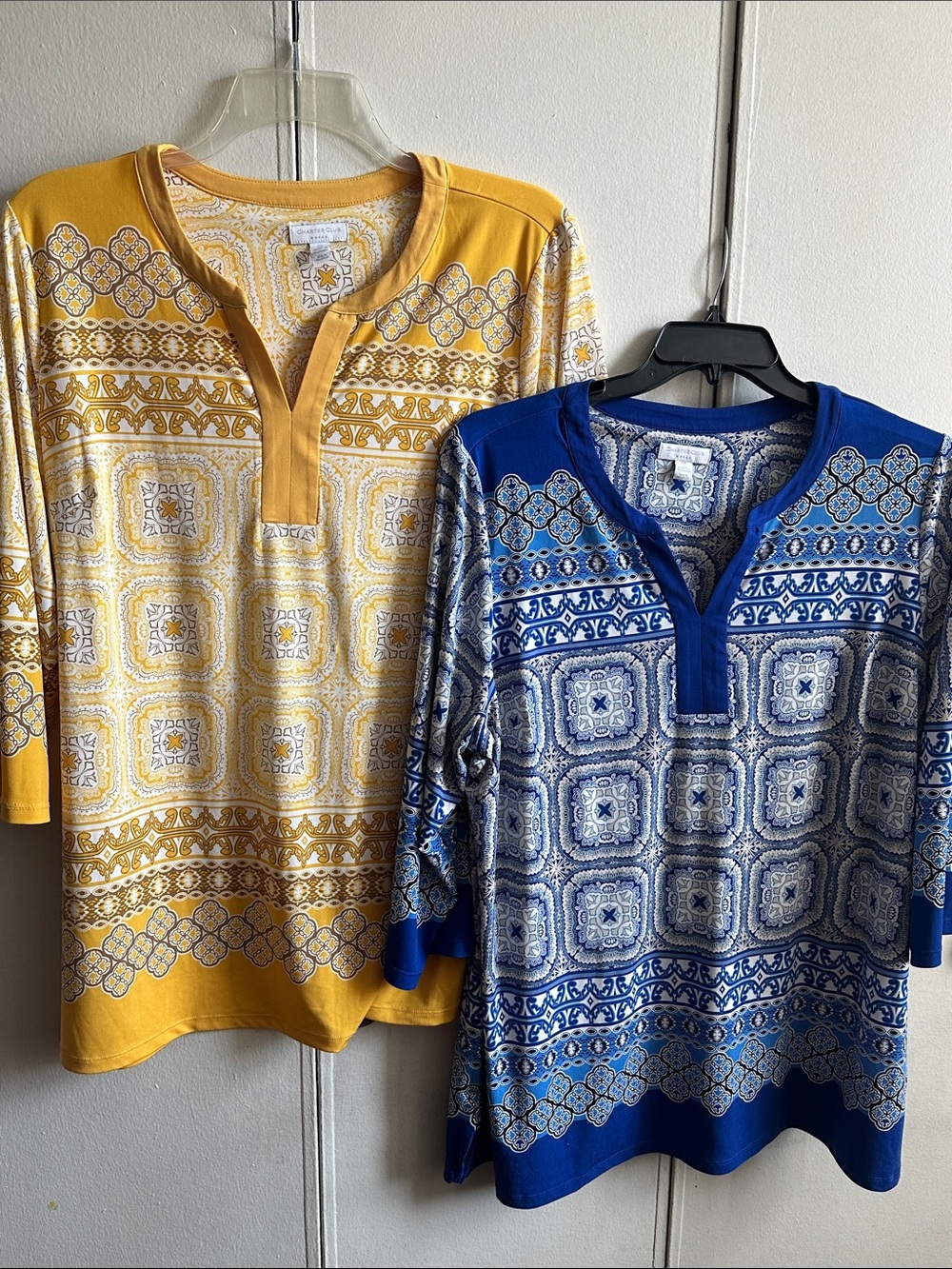 2 Charter Club Women's Printed Split-Neck Top - Yellow / Blue